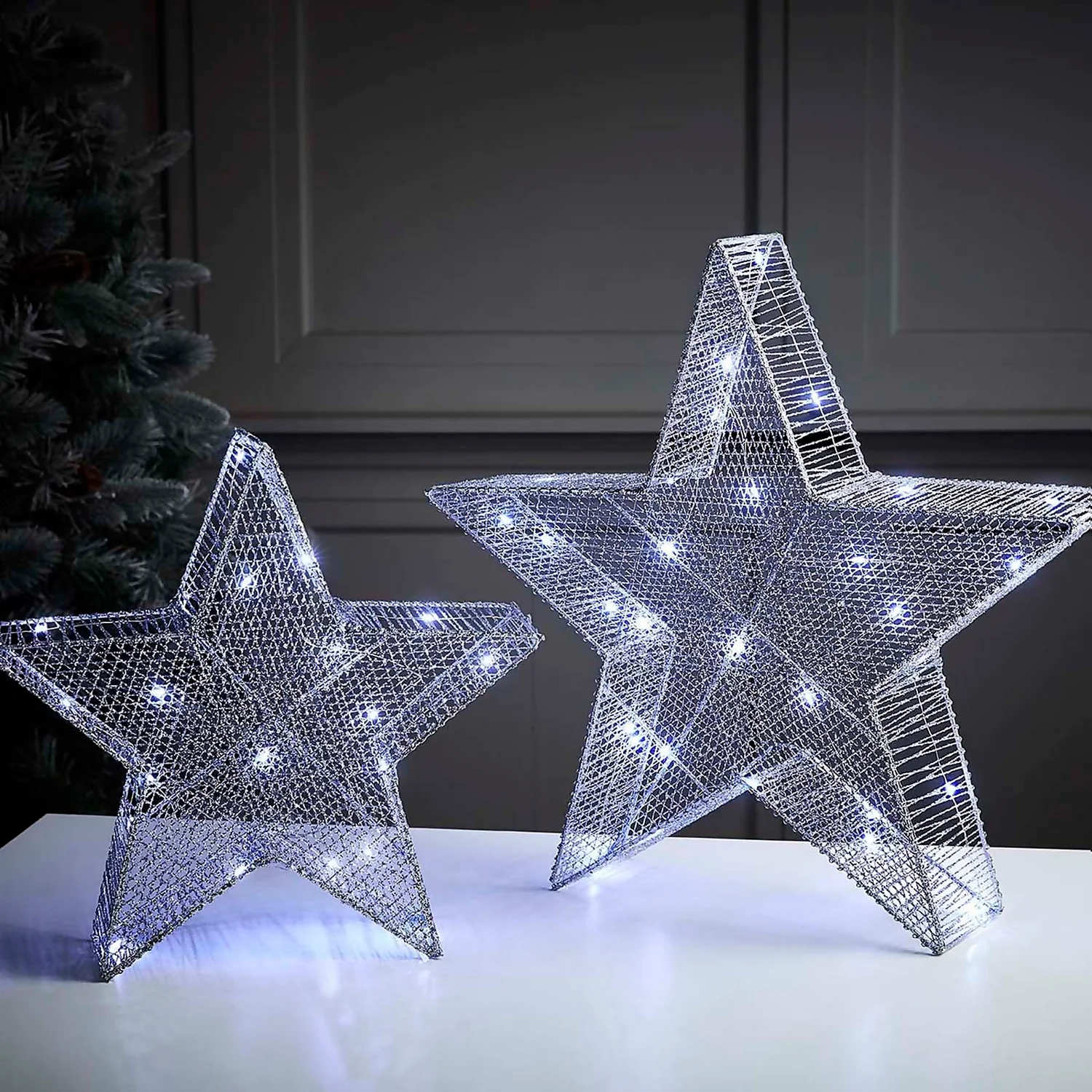 Silver Mesh Star Christmas Lights - Set Of 2 3 Silver Mesh Star Christmas Lights - Set Of 2
