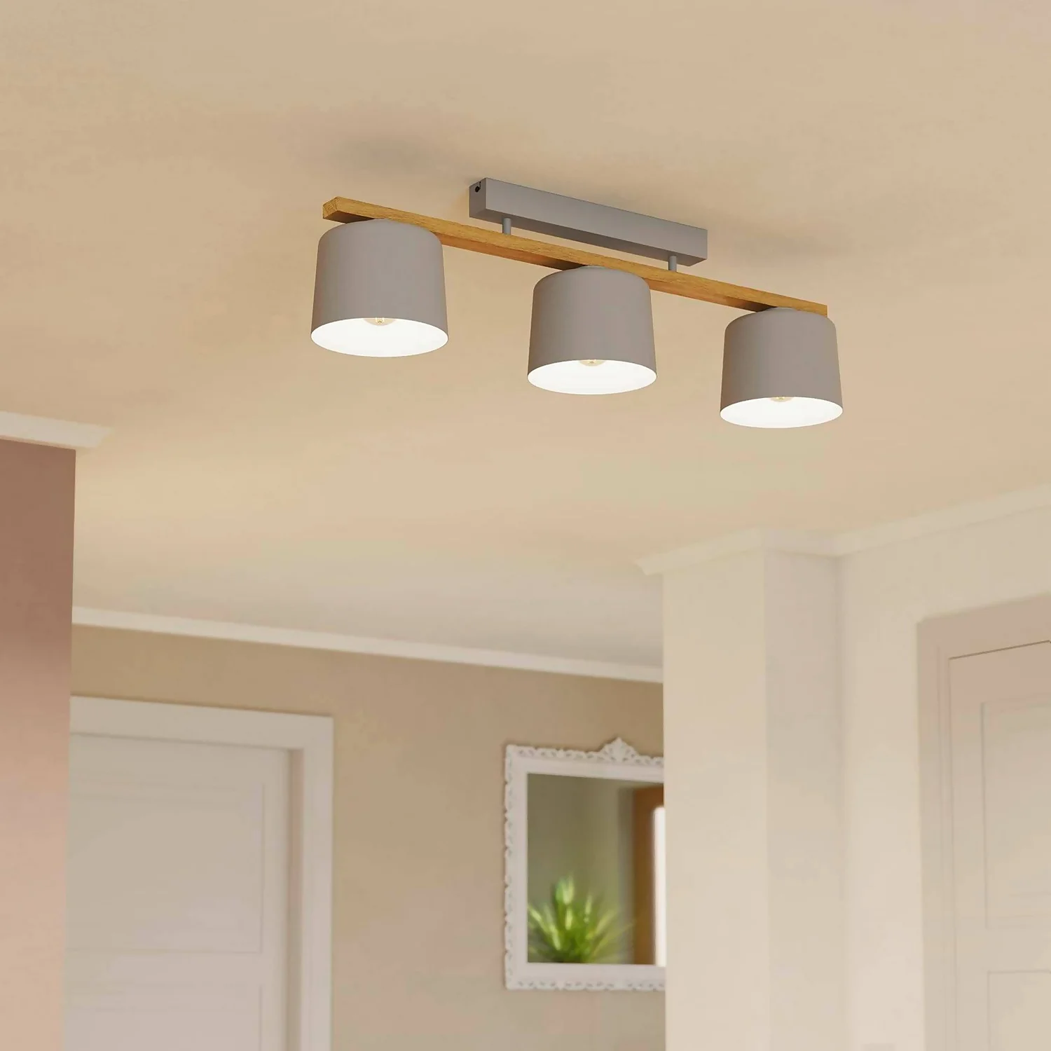 Eglo Mariel 3 Lamp Flush Ceiling Light - Grey & Wood 3 Eglo Mariel 3 Lamp Flush Ceiling Light - Grey & Wood